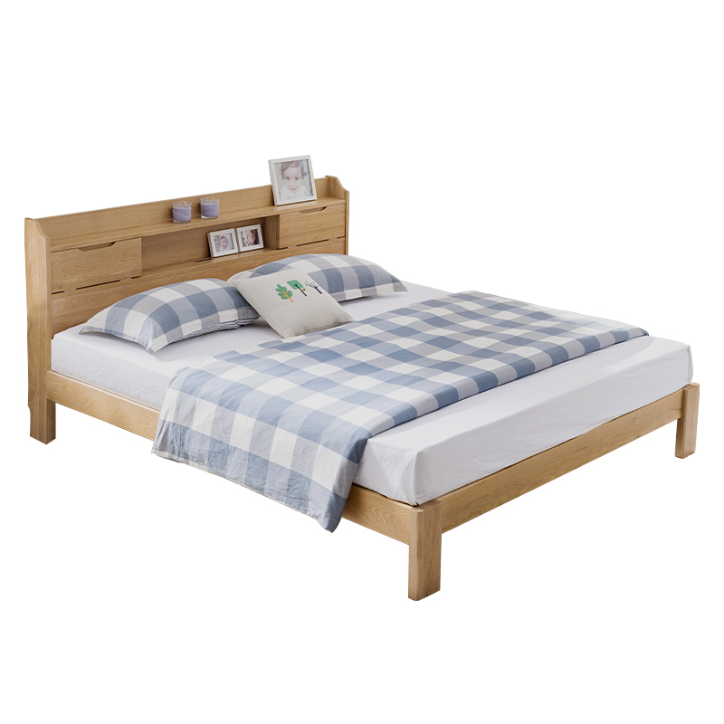 Upholstered fabric wooden bed frame king size room wood bed furniture multifunctional wooden bed with bookcase headboard design