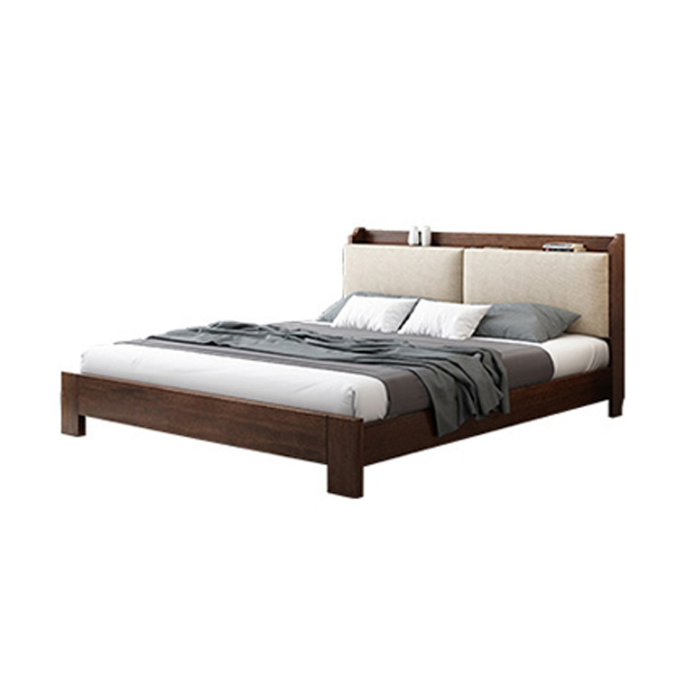 High quality solid wooden bed with bookcase headboard Queen size wooden bed with charging hole bedroom furniture