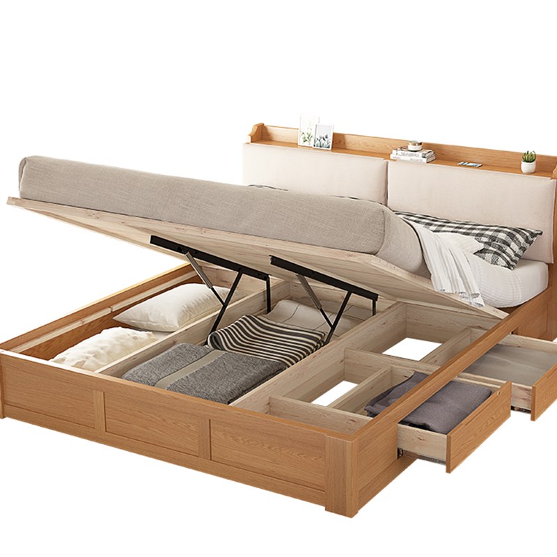 Simple Storage Bed Frame Bedroom Furniture Multifunctional Detachable Storage Oak Solid Wood Bed Designs