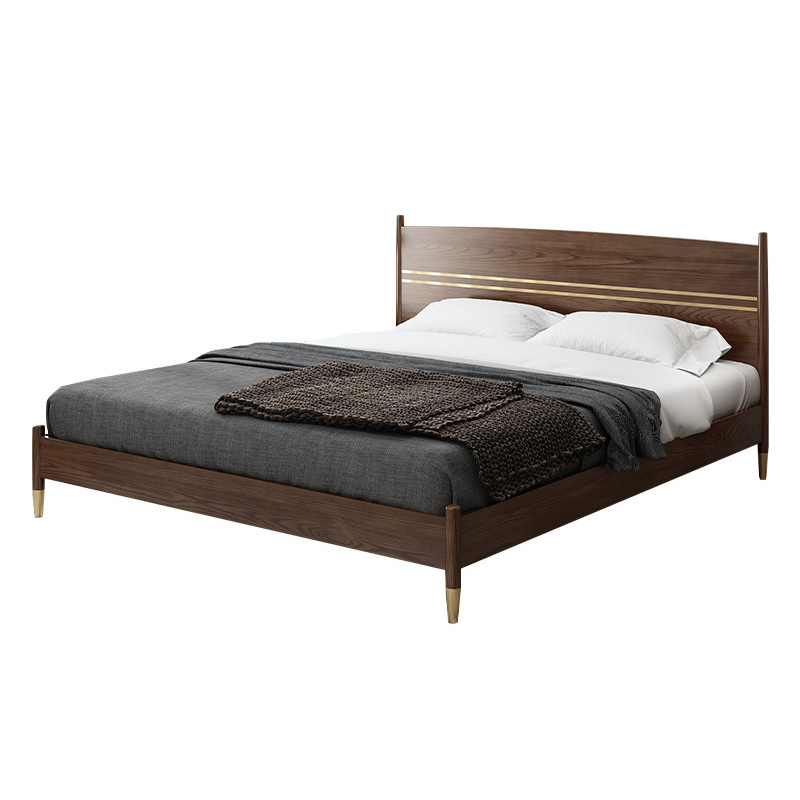 High qualityorden simple design custom supported double single bed gold wooden walnut color bed for bedroom furniture