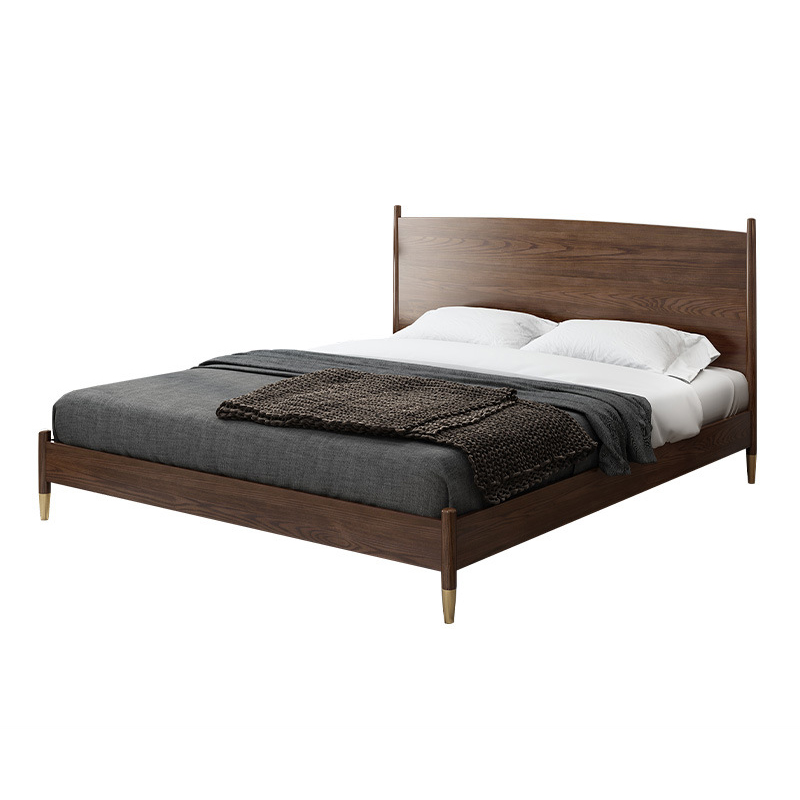 Morden simple design custom supported double single bed gold wooden walnut color bed with bed frame for bedroom master furniture