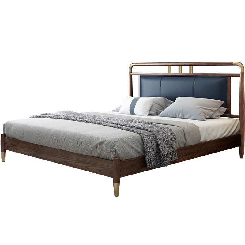 Modern smart high quality home furniture wax oil of brass foot wood soild wood bed with fibreboard and leather