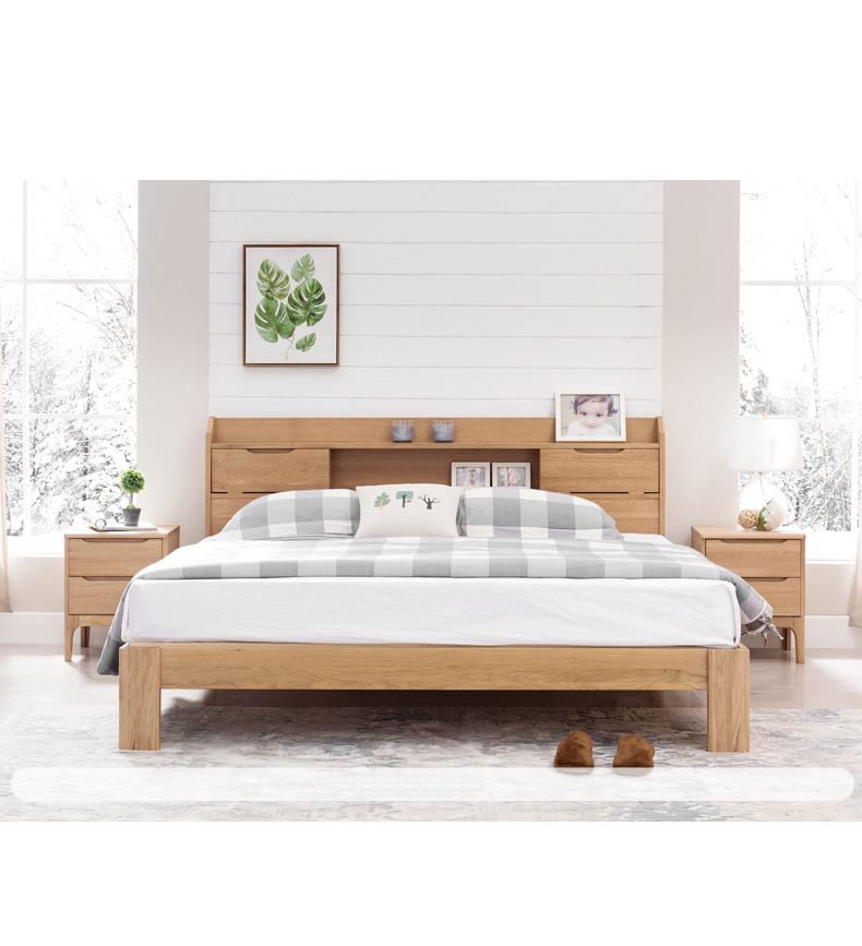 Nordic Concise Style Living Room And Hotel Wooden Platform Wood Double Bed For Home With Drawers